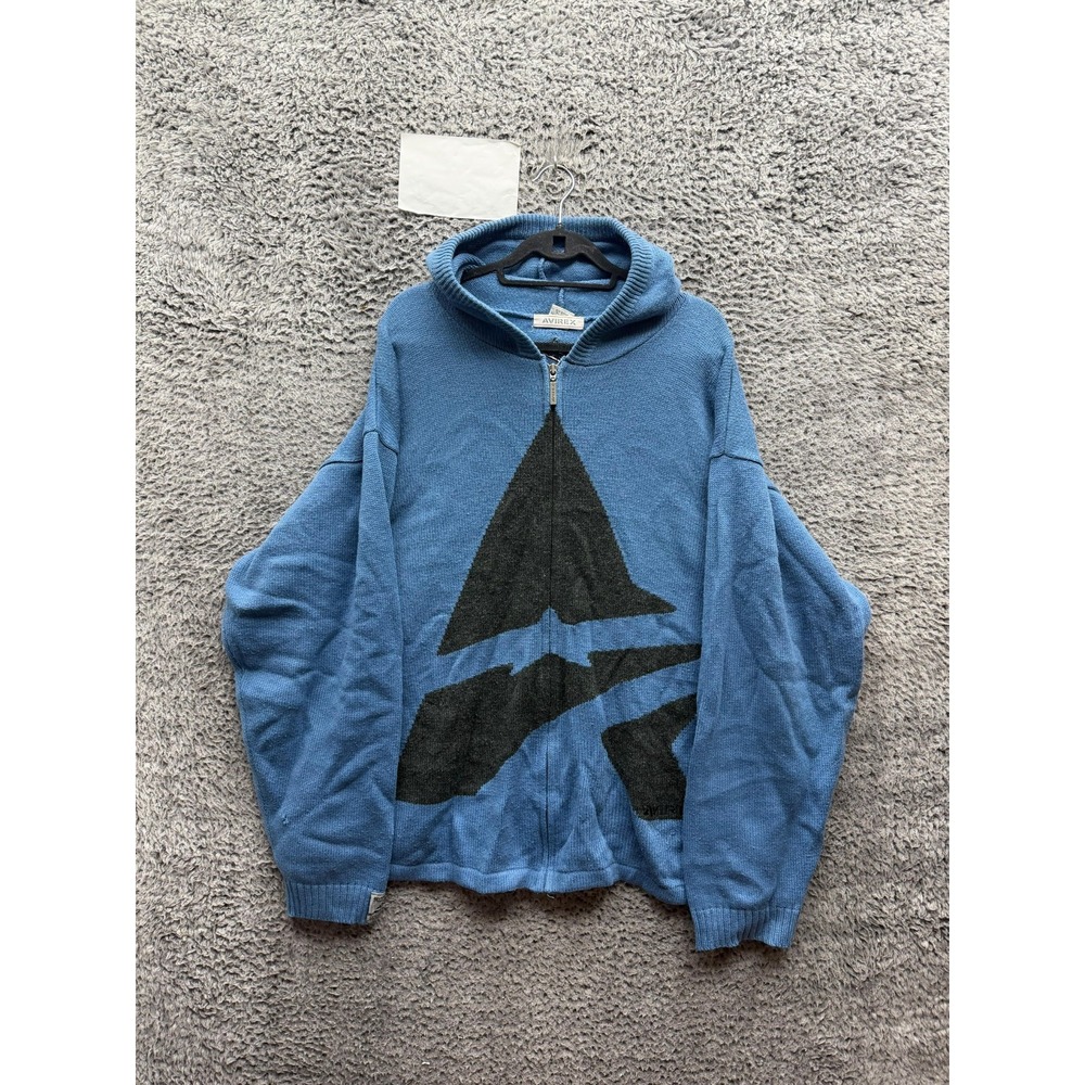 Vintage Y2k Avirex Embroidered Knitted Full-Zip Hoodie Blue Mens Size 3XL